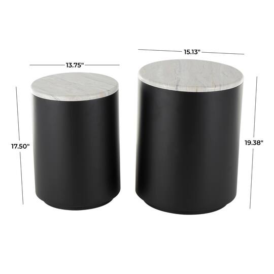 Black Metal Nesting Accent Table with Faux White Marble Top Set